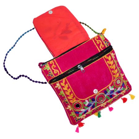 Pink Ethnic Cotton Crossbody Bag with Bird Motif & Mirror Work - Jaipuri Handmade Embroidered Sling Bag